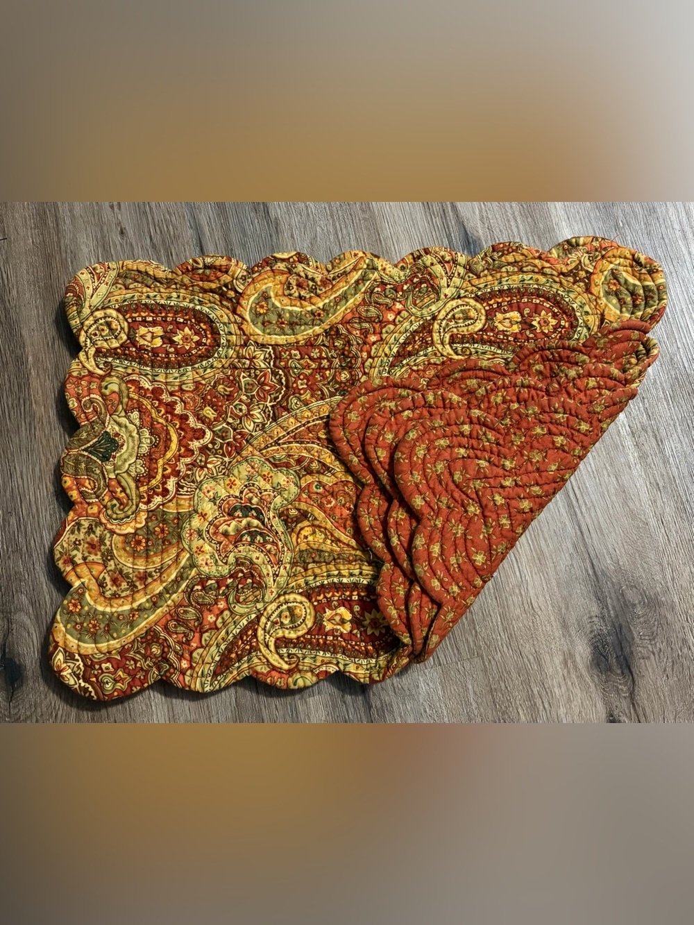 Quilted Paisley Reversible Placemats - 3 Piece Set - Shades of Rust and Mustard
